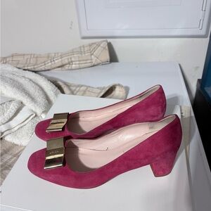 kate spade Raspberry Suede Low Block Heel Pumps with Gold Bow